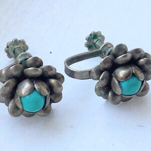 Genuine Turquoise Stone Earrings Screw Backs Sterling Vintage